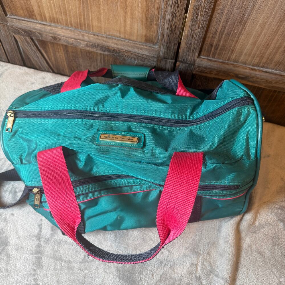 Vintage American Tourister Duffel Bag Teal Pink Gym Travel Carry On Weekend